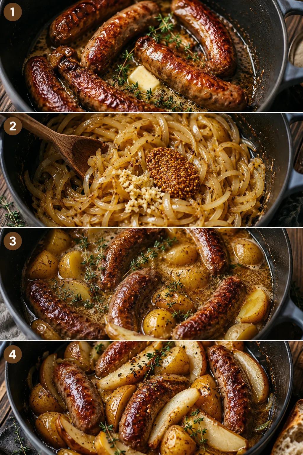 Sausages browning in a dark pot with butter and fresh thyme aromas.