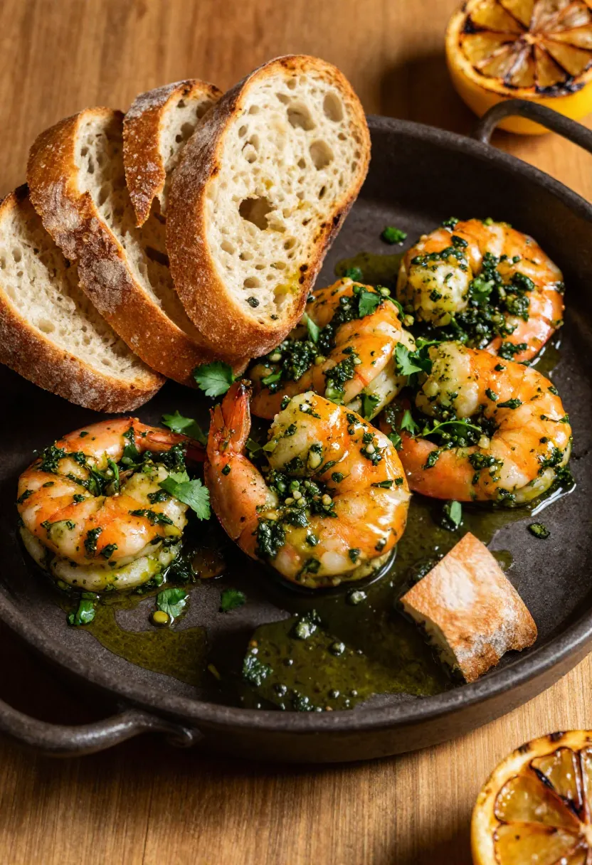 Chimichurri shrimp served with warm crusty bread and fresh garlic herb sauce