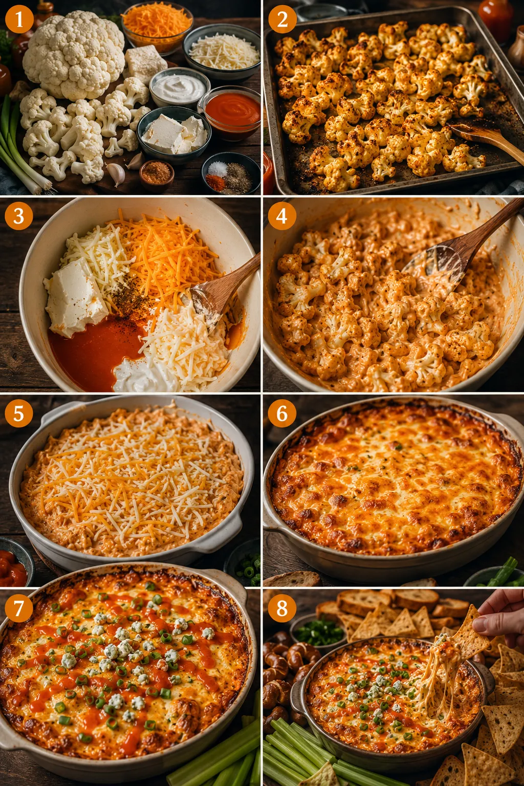 Step-by-step collage of creamy buffalo cauliflower dip preparation and baking.
