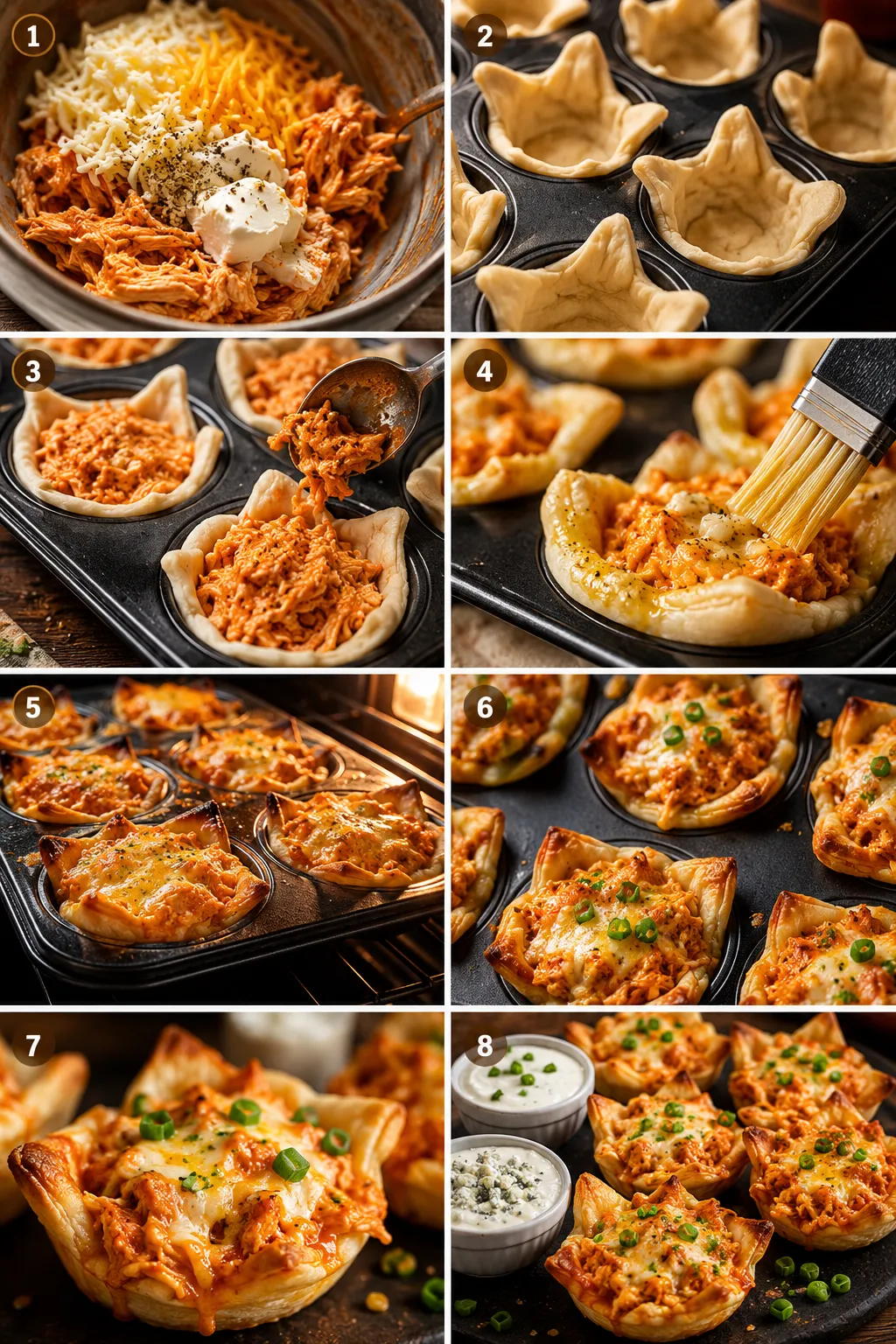Collage of buffalo chicken pastry baskets with melted cheese and spicy filling.