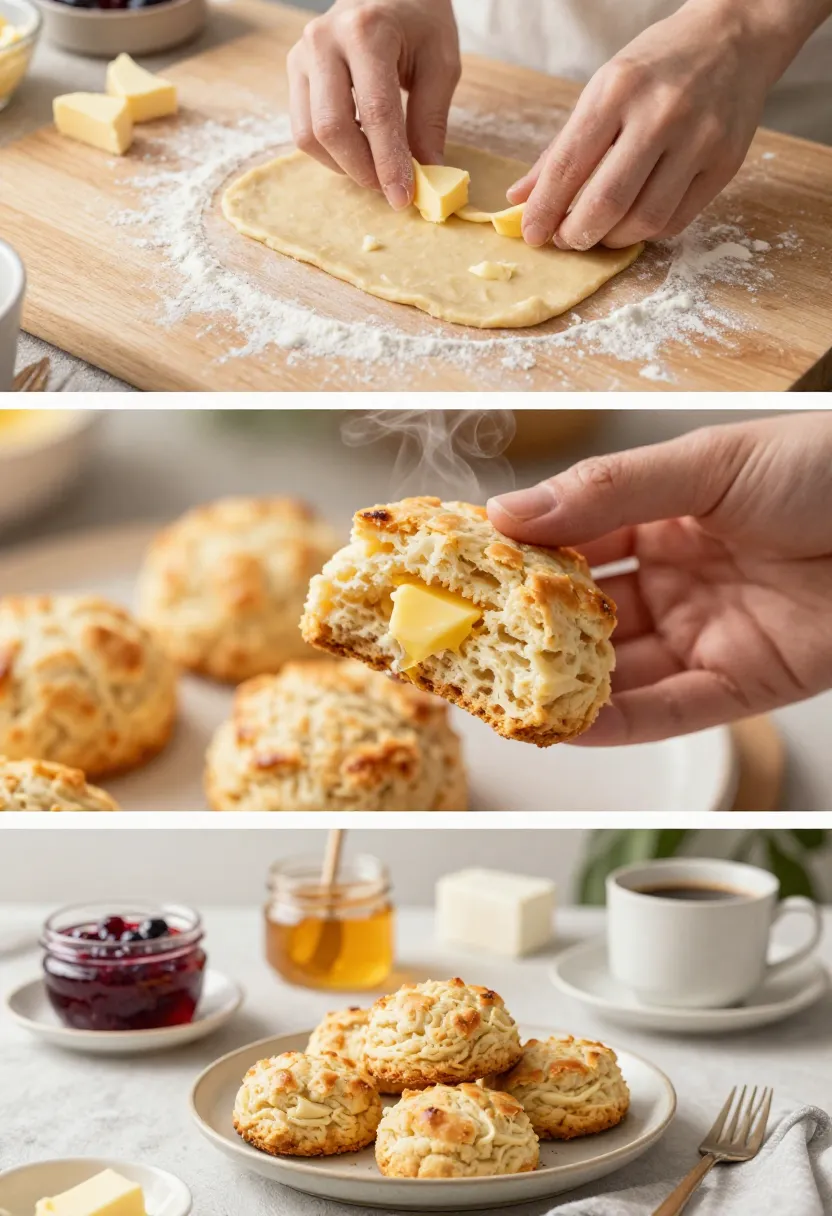 Collage showing: rolling dough and cutting butter on a wooden board; a bite of a cheesy biscuit; plate of cheese biscuits with jam and coffee nearby.