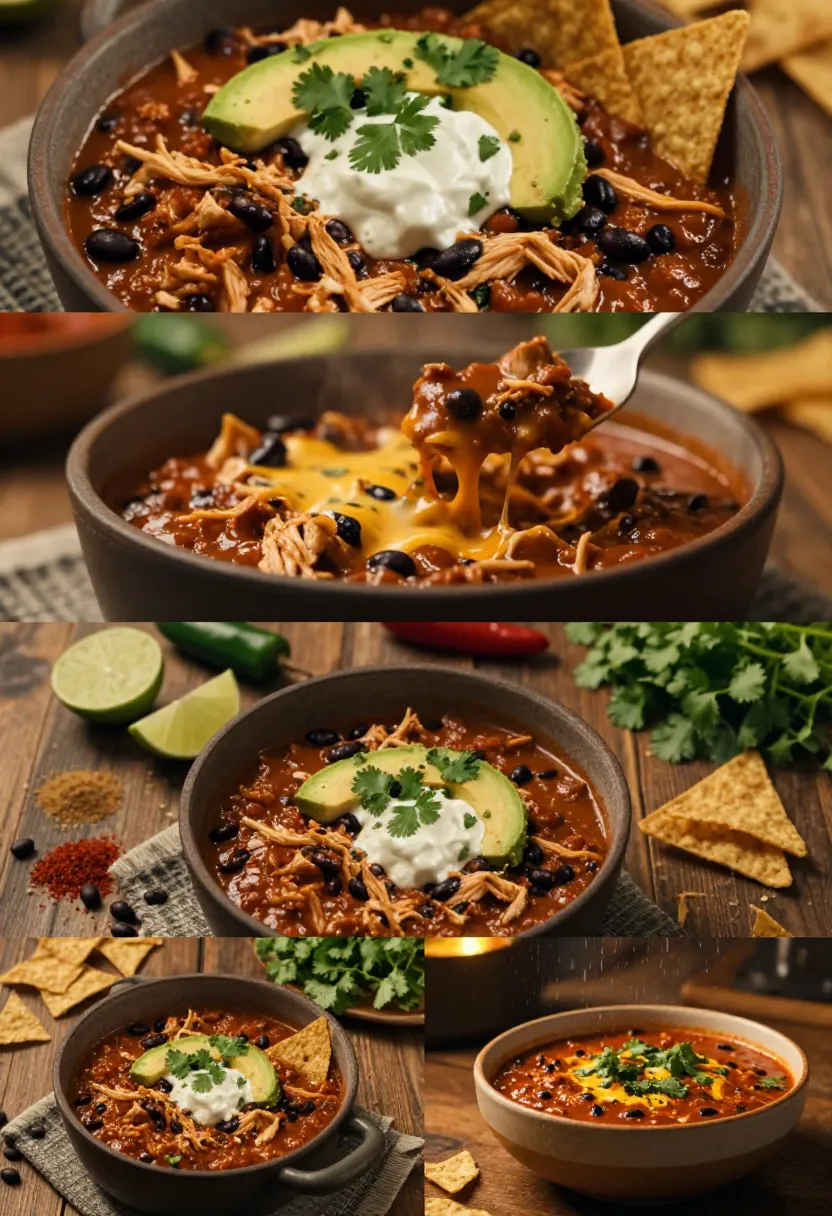Chili con carne with black beans, shredded chicken, avocado slice, sour cream, cilantro, and tortilla chips on a wooden table.