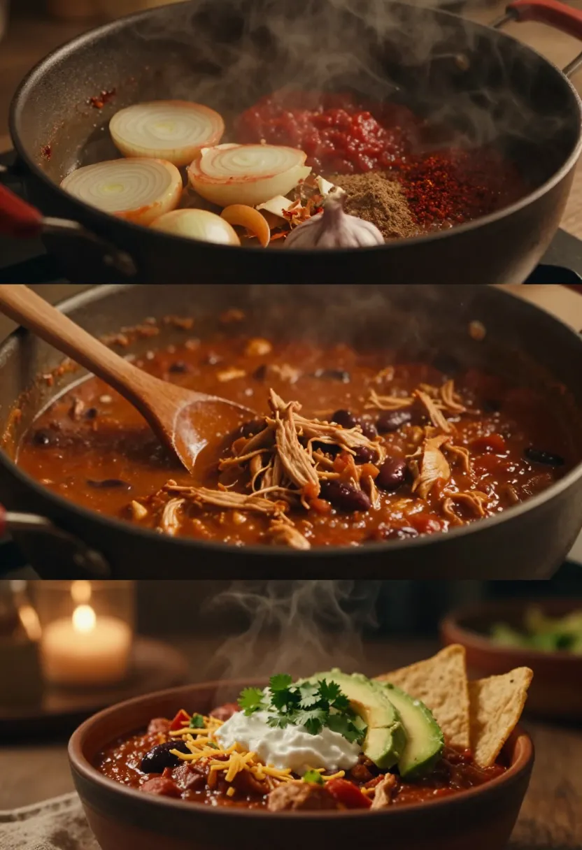 Collage showing high-protein chicken chili simmering and thickening during cooking.