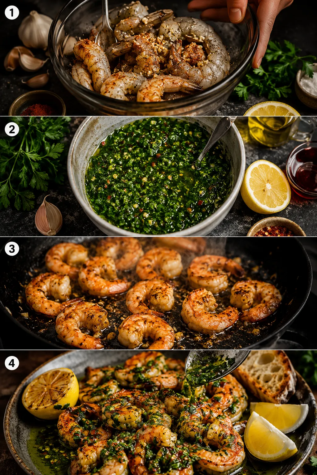 Collage showing the process of making chimichurri shrimp from seasoning and cooking to serving with fresh herb sauce