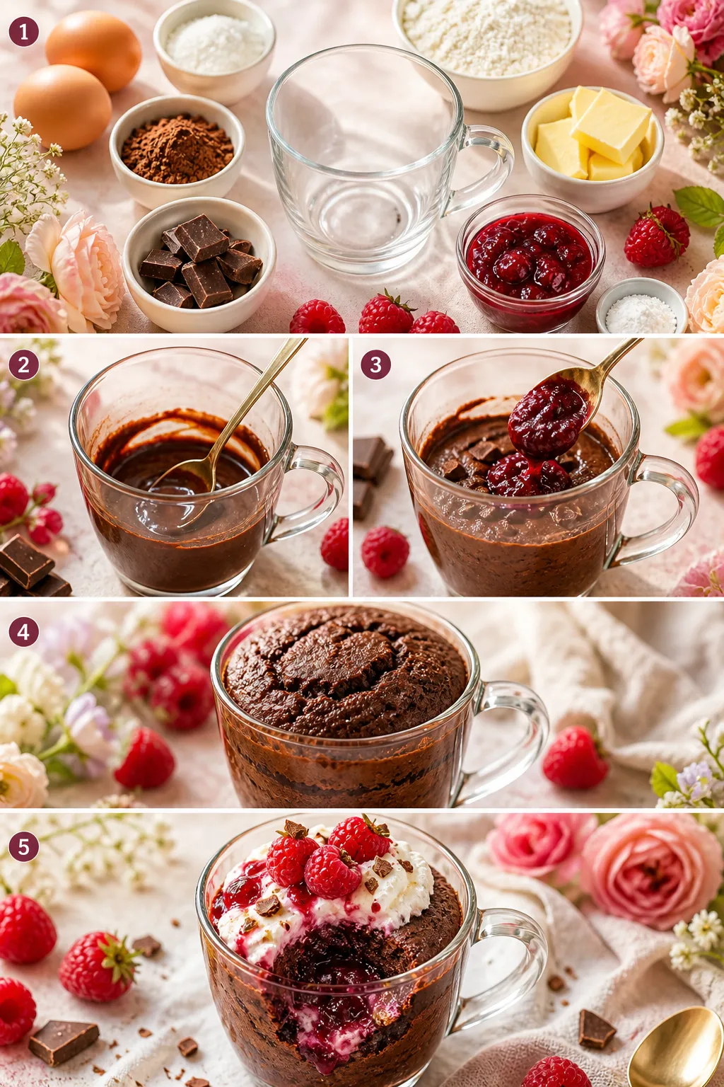 Collage showing steps of making chocolate raspberry mug cake in a glass