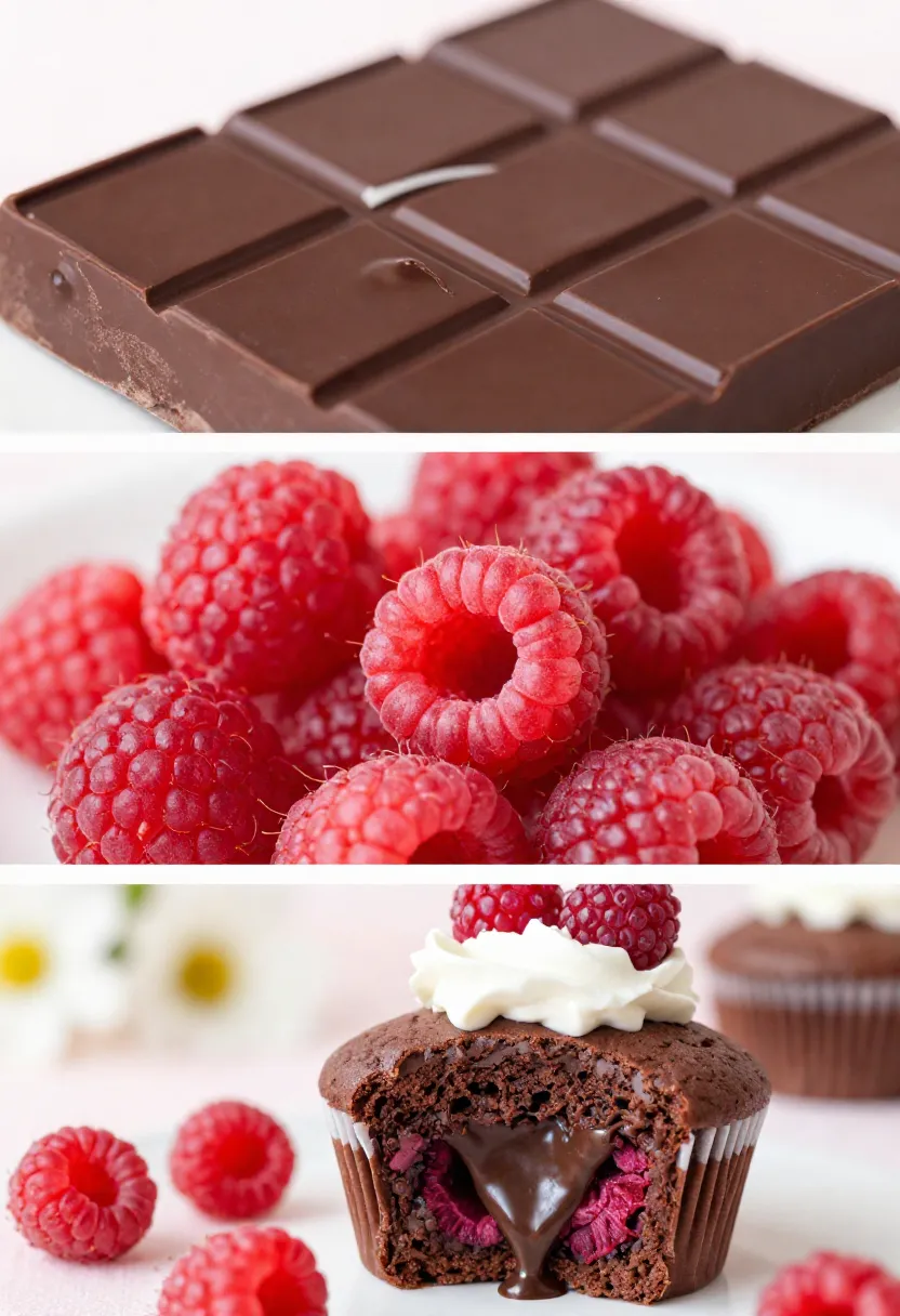 Chocolate and raspberries side by side with dessert combination