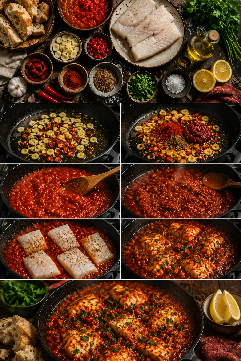 Vertical collage showing the full process of making chraime fish in spicy tomato sauce from fresh ingredients to finished skillet dinner