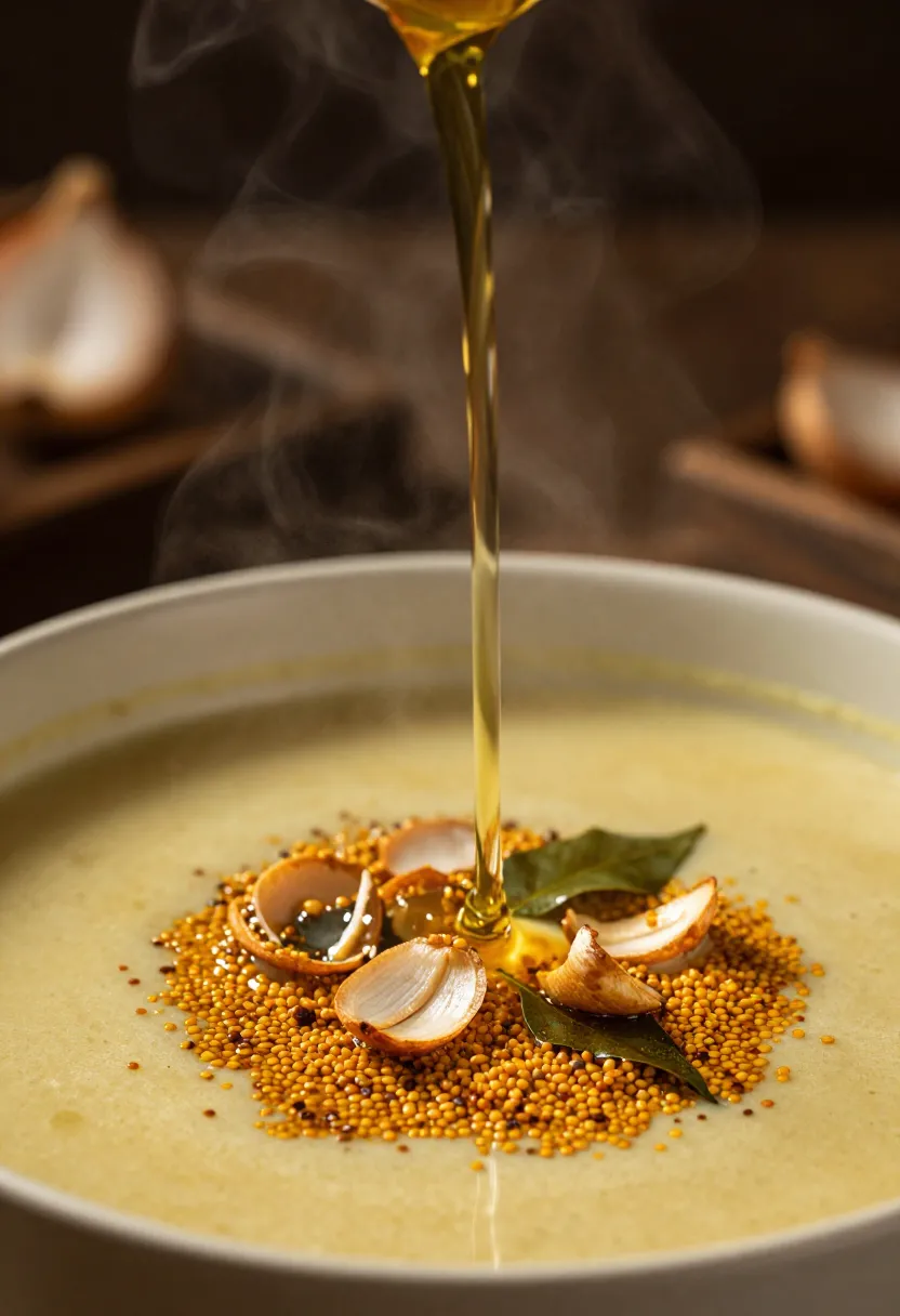 Mulligatawny soup with tadka showing texture and spice contrast