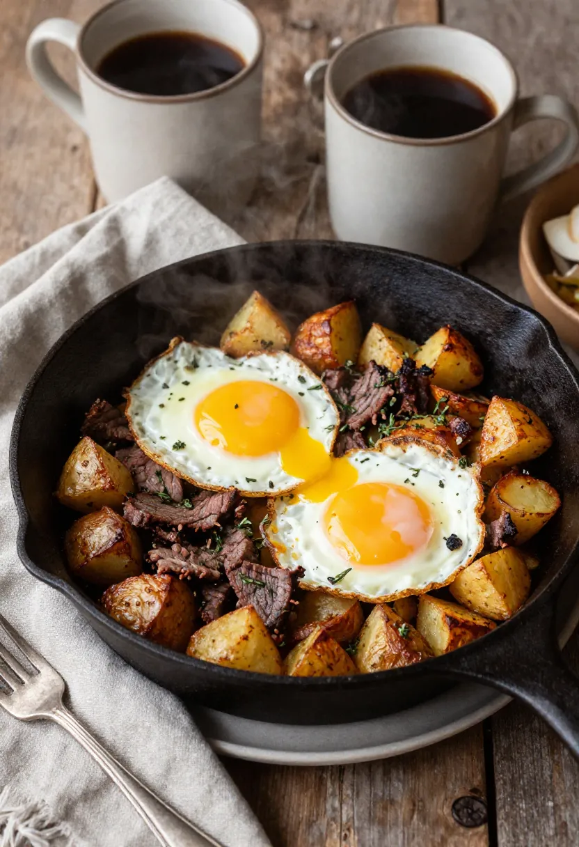 Corned beef hash with fried eggs served in a rustic skillet during a cozy slow weekend breakfast.