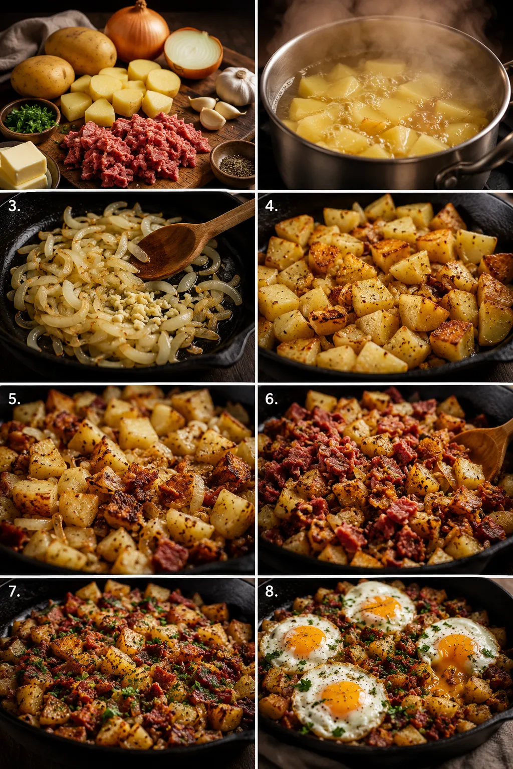 Step-by-step collage showing the process of cooking crispy homemade corned beef hash in a cast iron skillet.