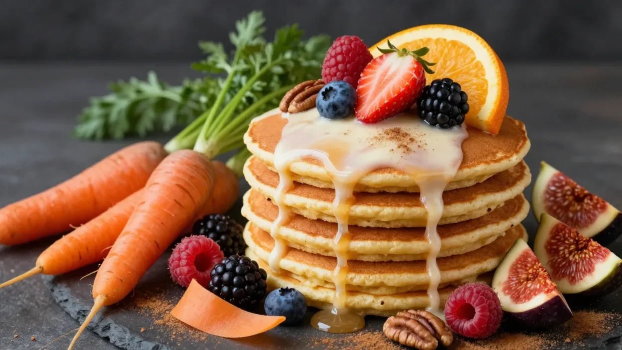 Stack of carrot cake pancakes with cream cheese drizzle, maple syrup, pecans, berries, and fresh carrots.