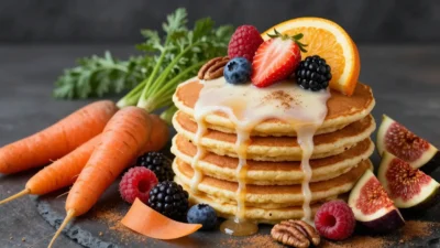 Stack of carrot cake pancakes with cream cheese drizzle, maple syrup, pecans, berries, and fresh carrots.