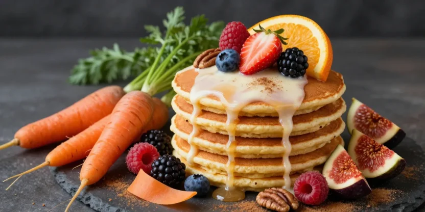 Stack of carrot cake pancakes with cream cheese drizzle, maple syrup, pecans, berries, and fresh carrots.