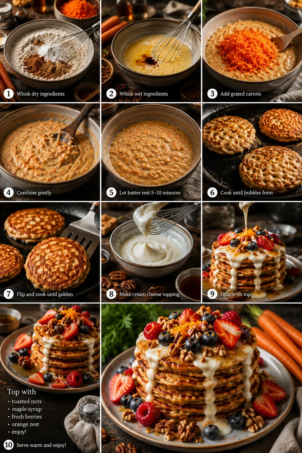 Detailed collage of making carrot cake pancakes from grated carrots and batter to cooking pancakes and serving with cream cheese topping and berries.