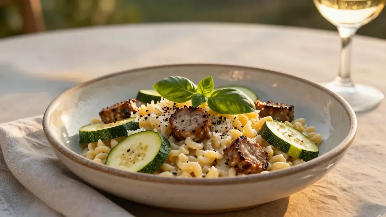 Creamy Italian sausage zucchini orzo served outdoors at sunset