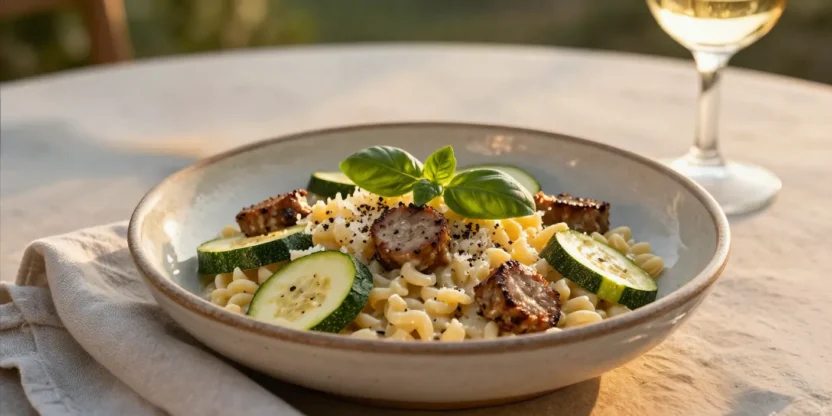 Creamy Italian sausage zucchini orzo served outdoors at sunset