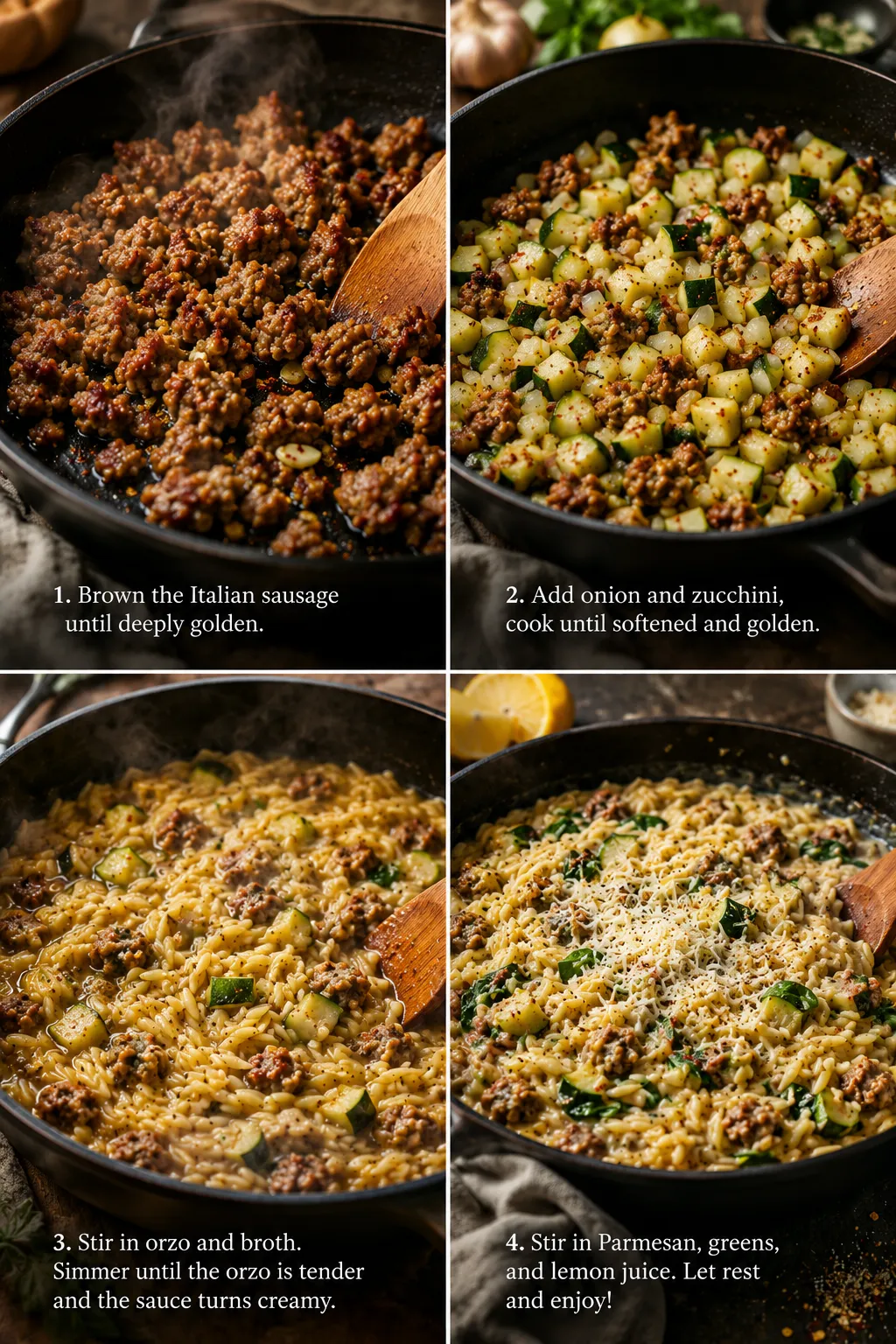 Ground Italian sausage browning in a skillet until deeply golden.