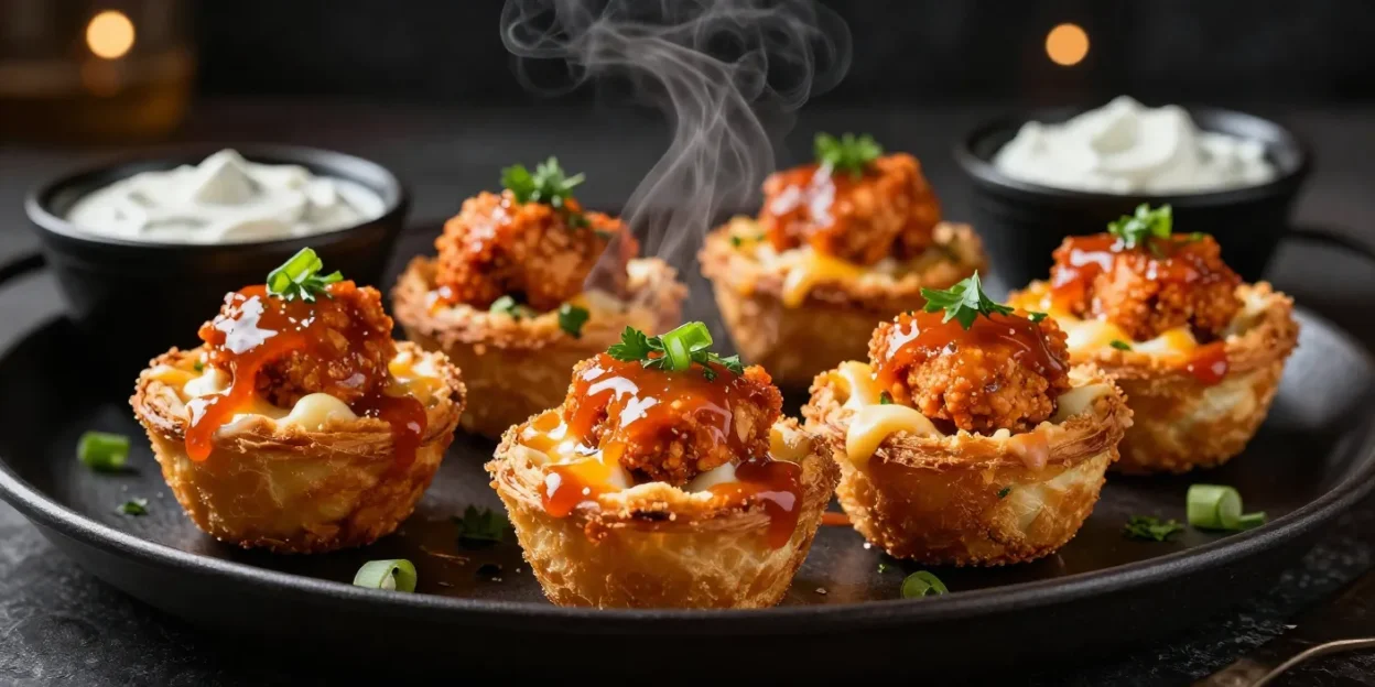 Golden crispy buffalo chicken cups with melted cheese and buffalo sauce served on an elegant dark platter.