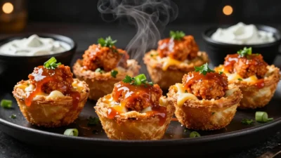 Golden crispy buffalo chicken cups with melted cheese and buffalo sauce served on an elegant dark platter.