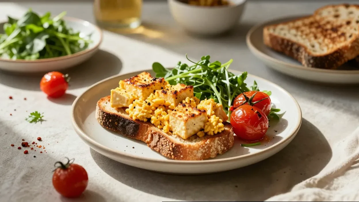 Savory tofu scramble on sourdough toast with fresh herbs and warm sunlight.