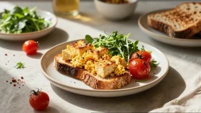 Savory tofu scramble on sourdough toast with fresh herbs and warm sunlight.