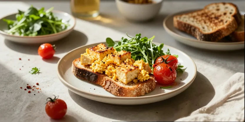 Savory tofu scramble on sourdough toast with fresh herbs and warm sunlight.