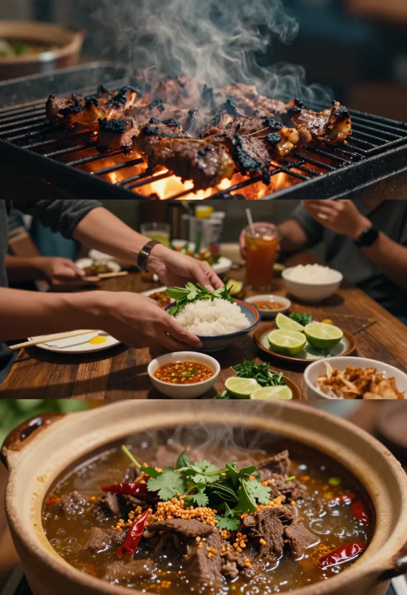 Collage of Thai Crying Tiger beef with grilled steak, herbs, sticky rice, and spicy tamarind sauce
