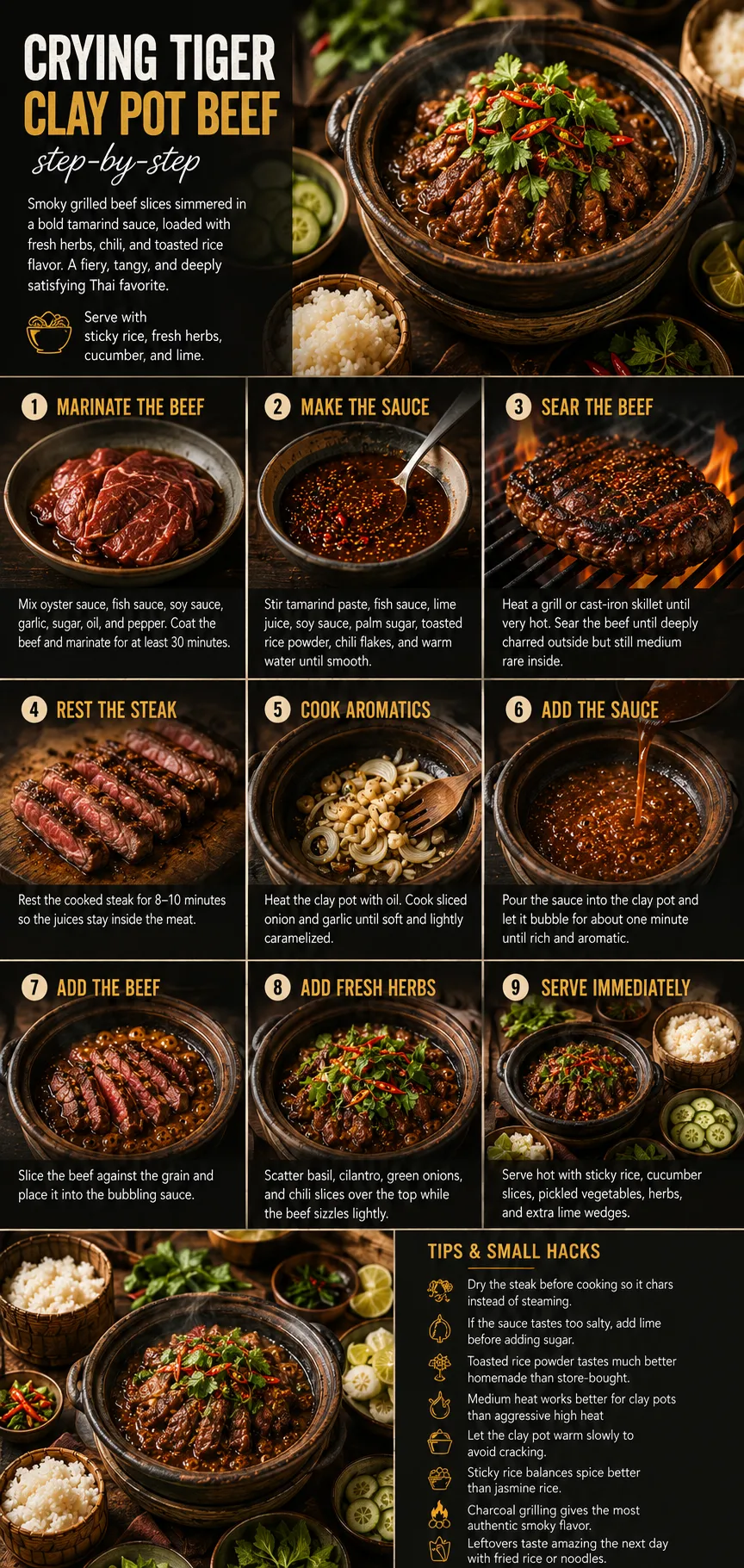 Vertical collage showing the process of making Thai Crying Tiger clay pot beef