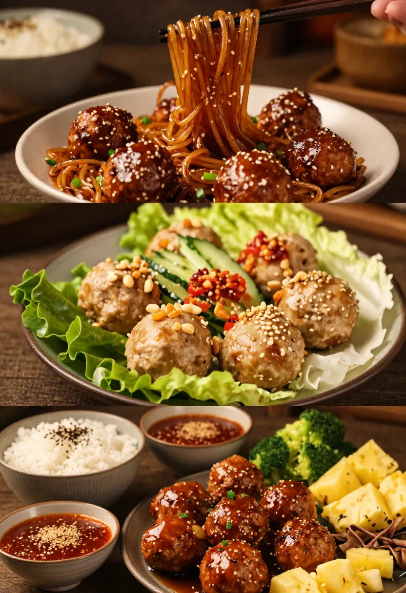 Vertical collage showing different serving variations of sticky Asian meatballs with noodles, lettuce wraps, and customizable toppings