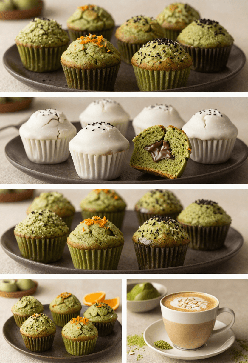 Collage of different matcha muffin variations with white chocolate, black sesame, orange zest, and almond milk styling