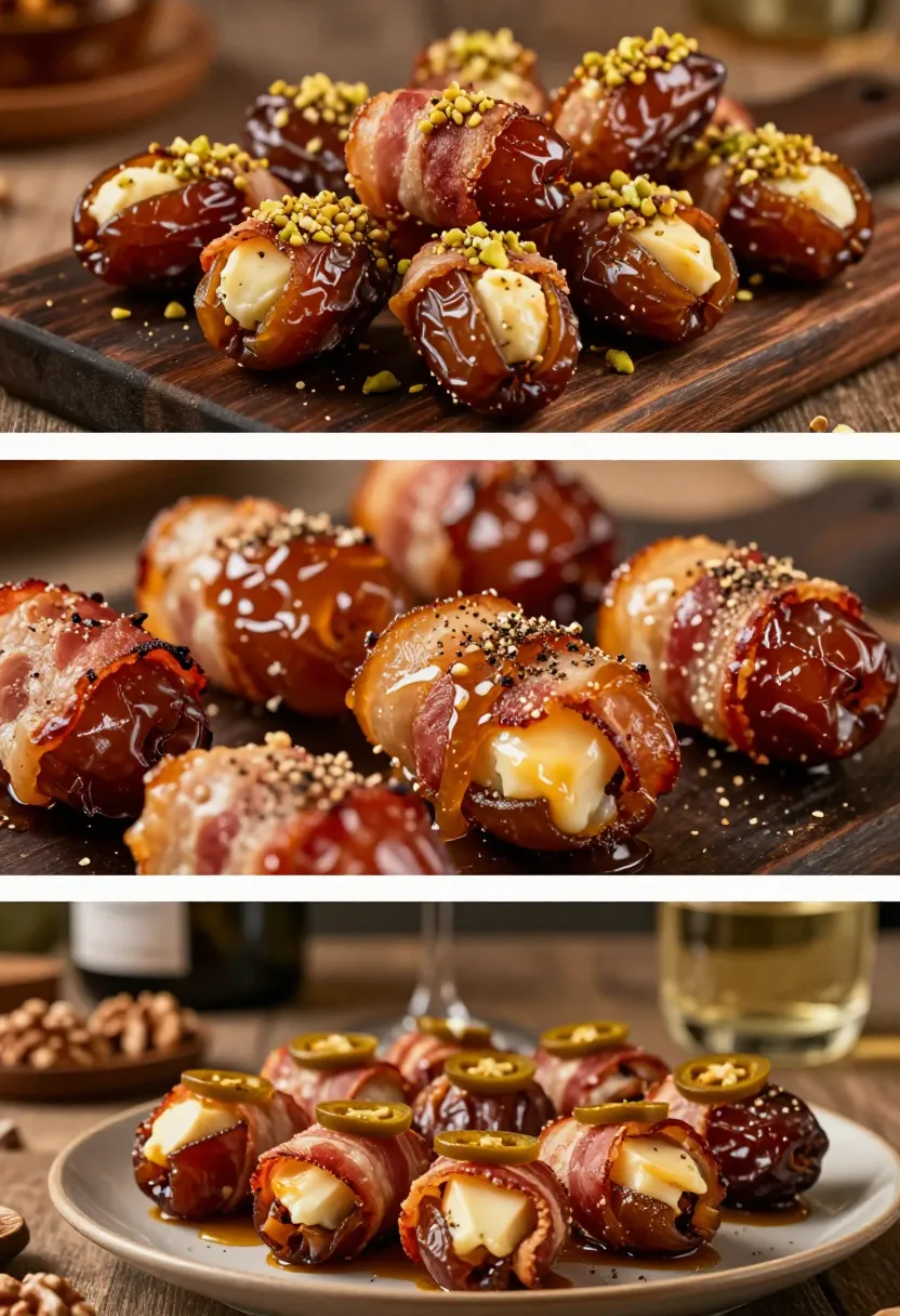 Collage of different bacon wrapped date variations with cheese and toppings