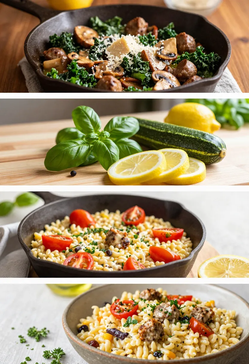 Three-frame collage of people enjoying creamy Italian sausage zucchini orzo in cozy settings