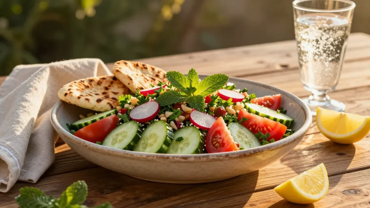 Fresh fattoush salad with crispy pita on a rustic outdoor dinner table at sunset.