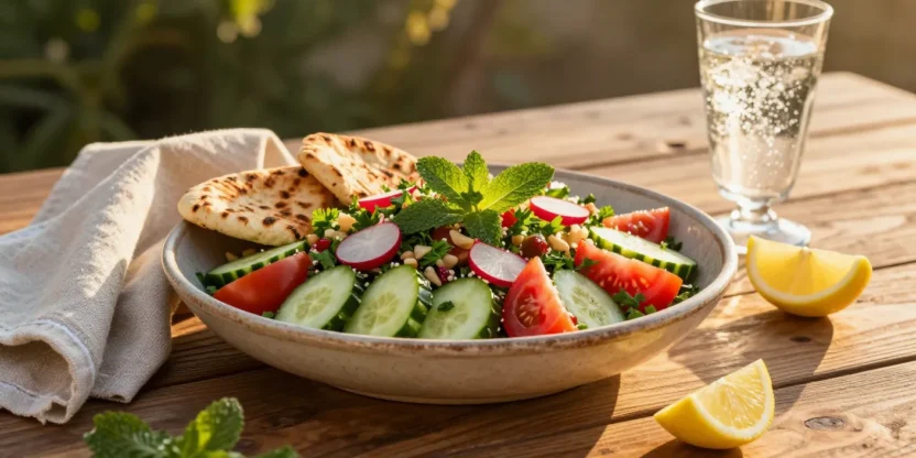 Fresh fattoush salad with crispy pita on a rustic outdoor dinner table at sunset.