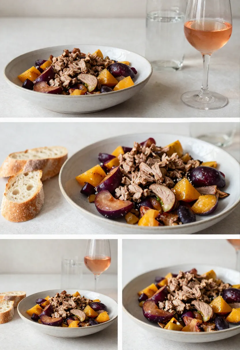 Collage of warm pork salad served in a bowl and on a platter with simple sides