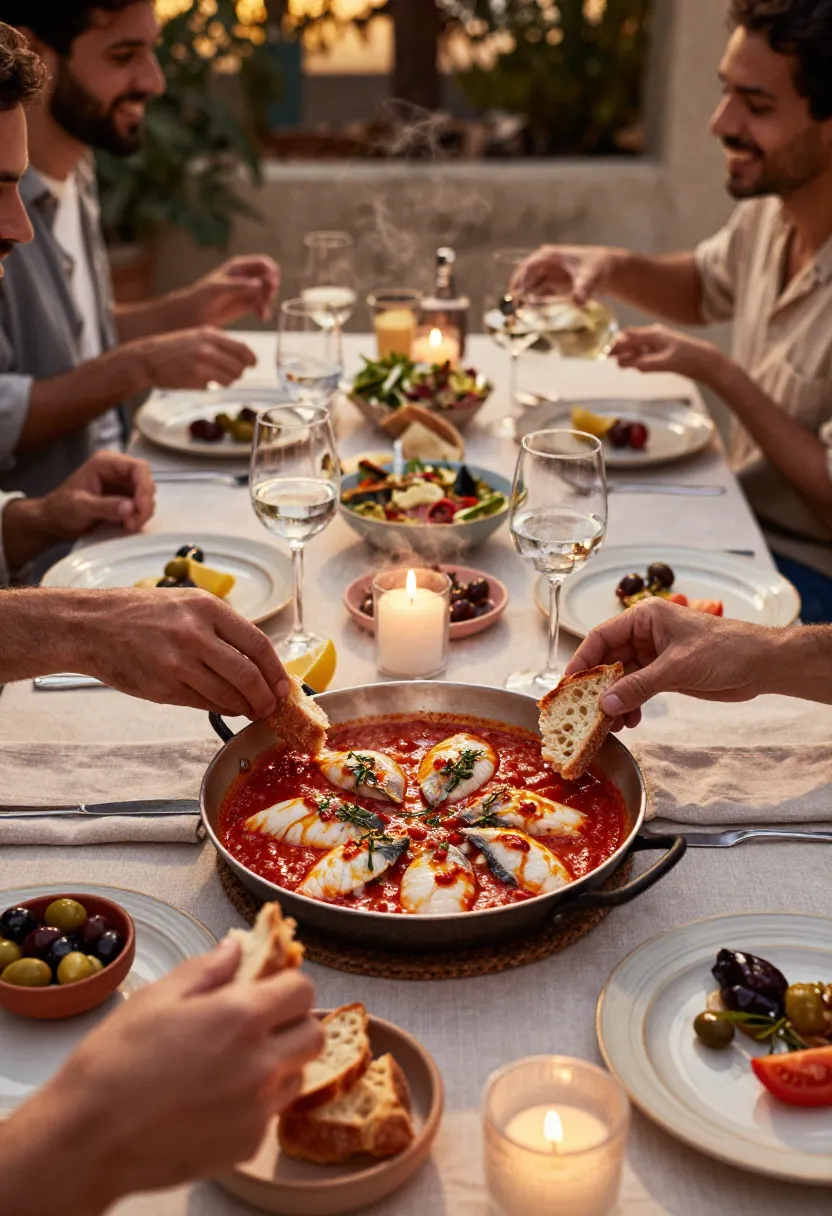People enjoying chraime fish fillets in spicy tomato sauce at a beautifully set Mediterranean-style dinner table