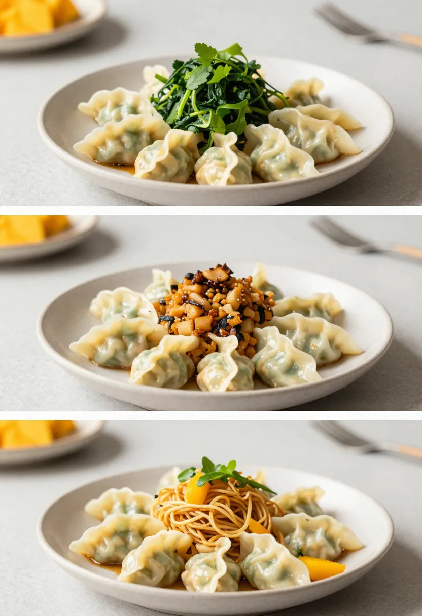 Collage of potsticker salad variations showing light, hearty, and customized versions
