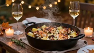 French-style chicken casserole in a cozy autumn evening setting