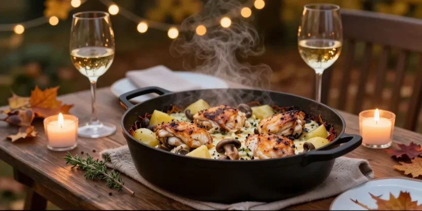 French-style chicken casserole in a cozy autumn evening setting