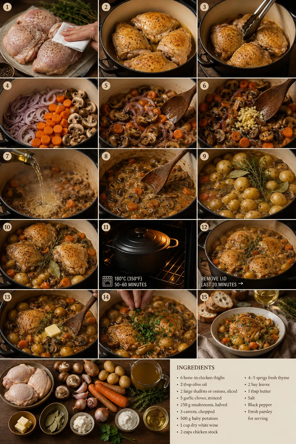 Step-by-step collage of seasoned chicken thighs browning, vegetables sautéing, and the dish simmering to finish with plated chicken and ingredients shown nearby.