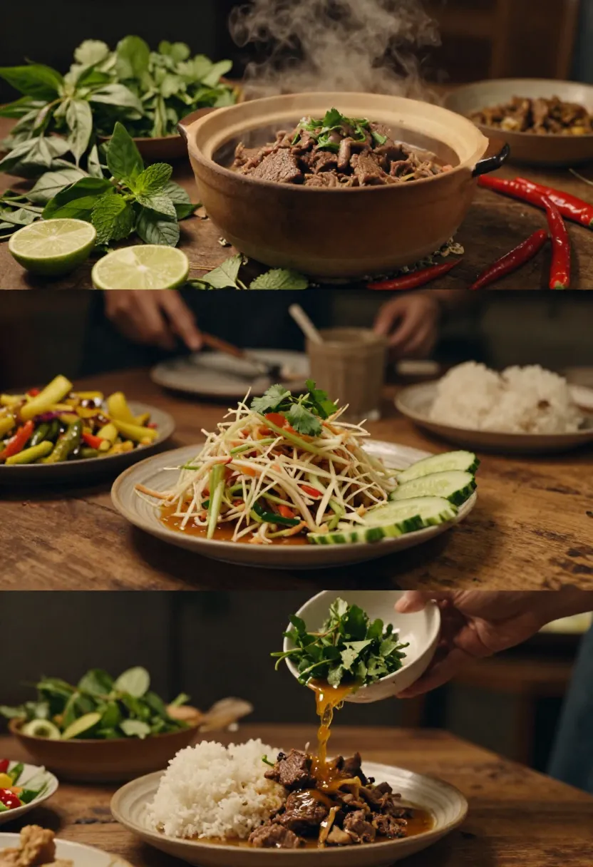 Fresh herbs and side dishes served with Thai Crying Tiger clay pot beef