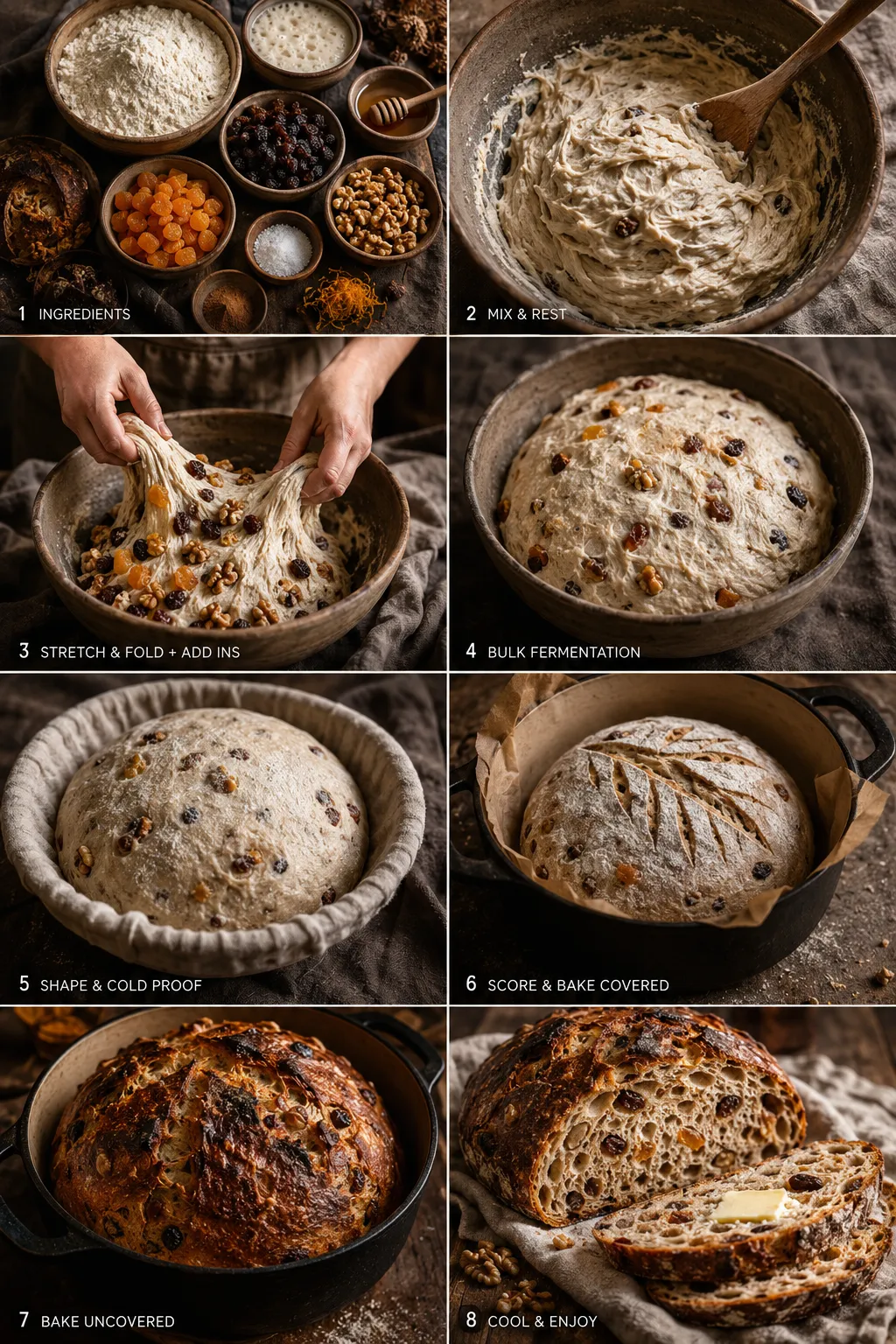 Assorted baking ingredients—flour, dried fruit, nuts, and spices in bowls on a dark surface.