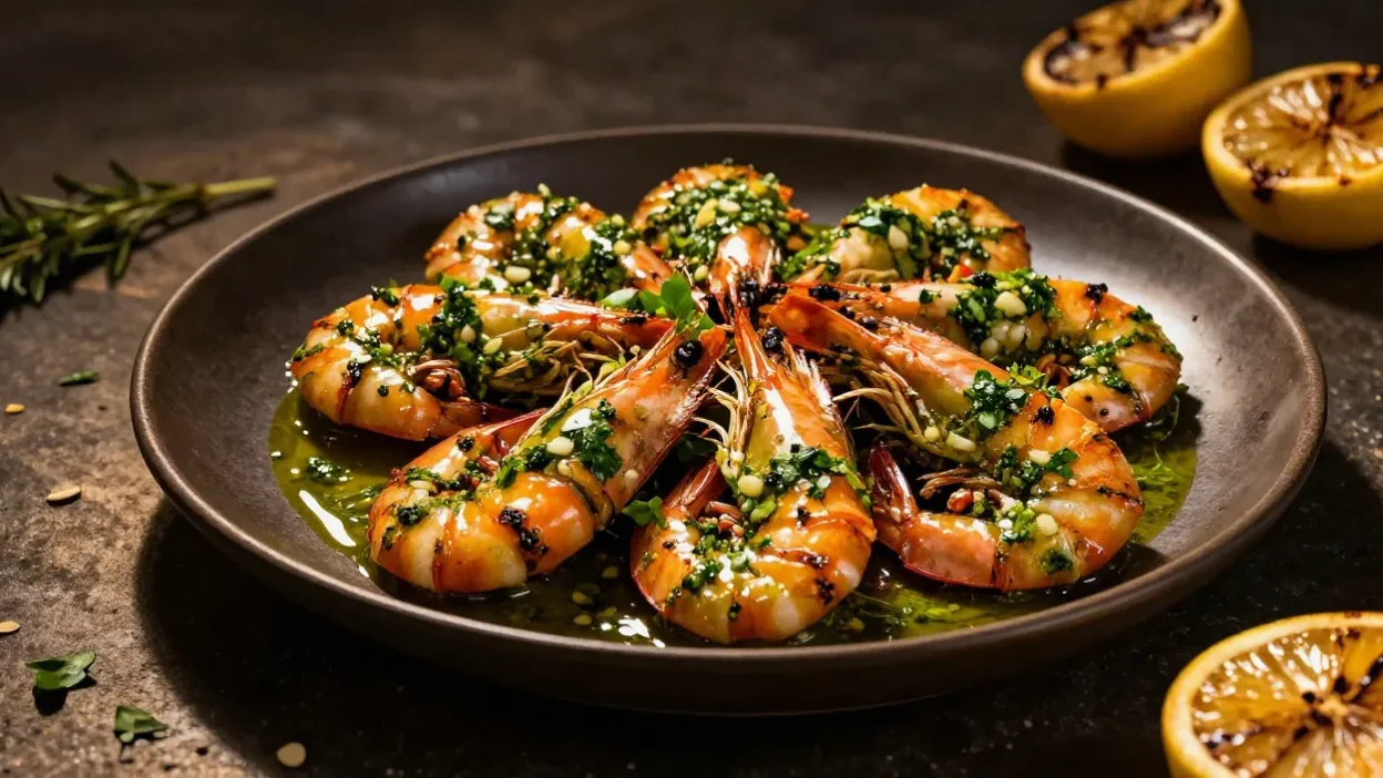 Juicy chimichurri shrimp with fresh herb sauce and charred lemon on a dark elegant serving plate