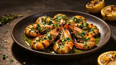 Juicy chimichurri shrimp with fresh herb sauce and charred lemon on a dark elegant serving plate
