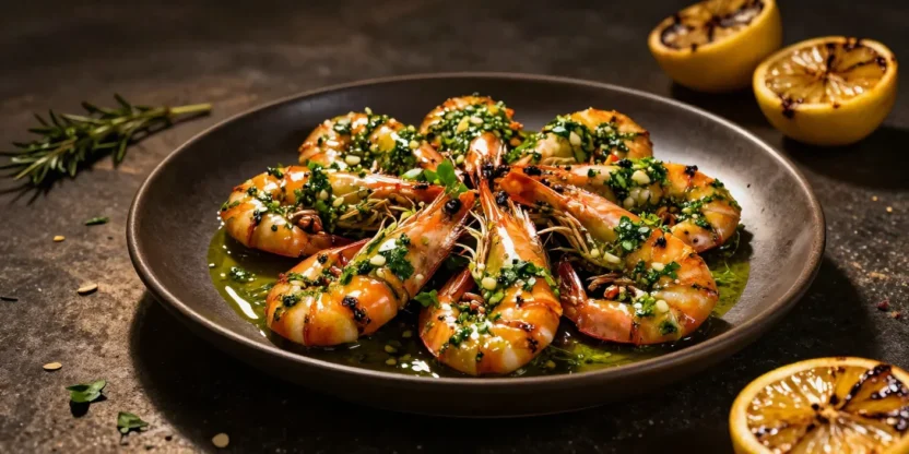 Juicy chimichurri shrimp with fresh herb sauce and charred lemon on a dark elegant serving plate