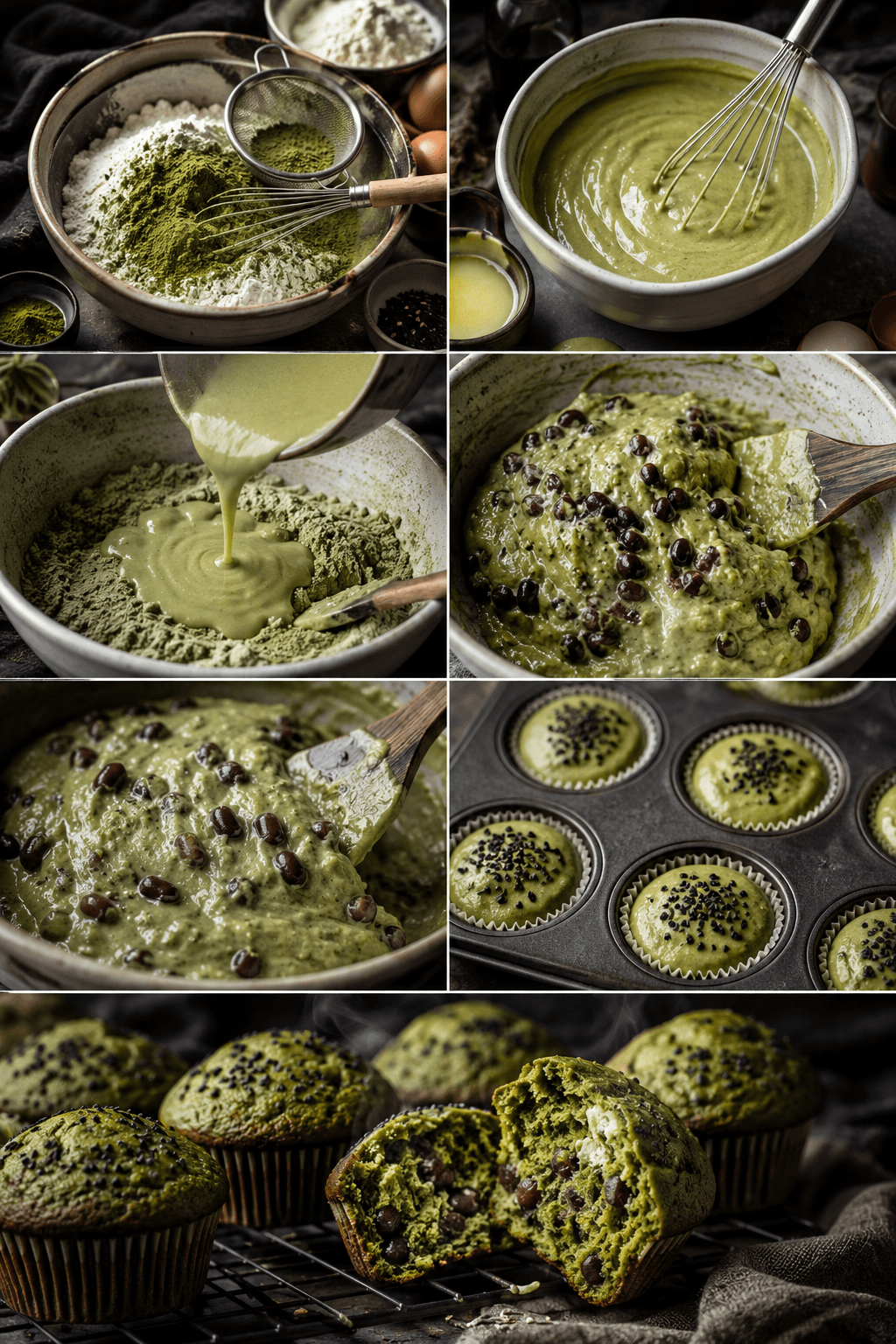 Collage showing the process of making matcha muffins with sweet azuki beans from batter mixing to freshly baked muffins