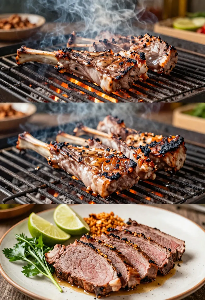 Collage of grilled lamb from raw on BBQ to sliced with herbs and lime