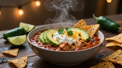 Steaming bowl of chili topped with avocado slices, sour cream, cilantro, and shredded cheese, surrounded by tortilla chips and lime wedges.
