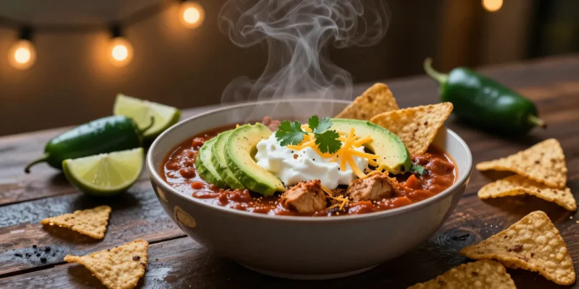Steaming bowl of chili topped with avocado slices, sour cream, cilantro, and shredded cheese, surrounded by tortilla chips and lime wedges.