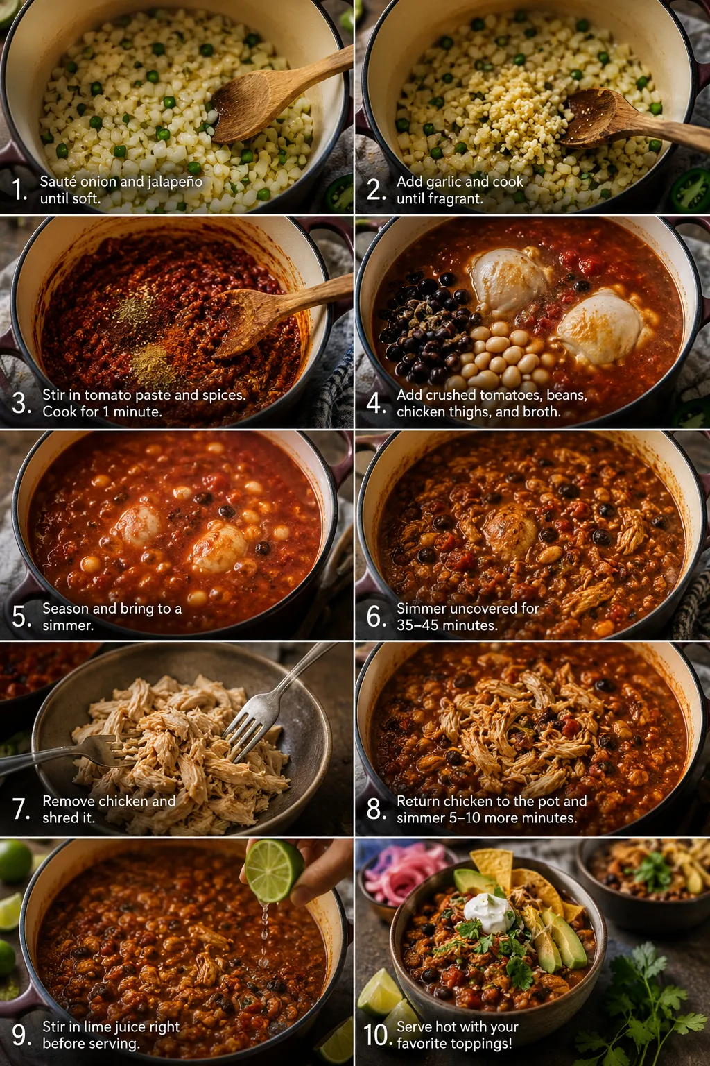 Step-by-step collage of cooking high-protein chicken chili with toppings and serving ideas.